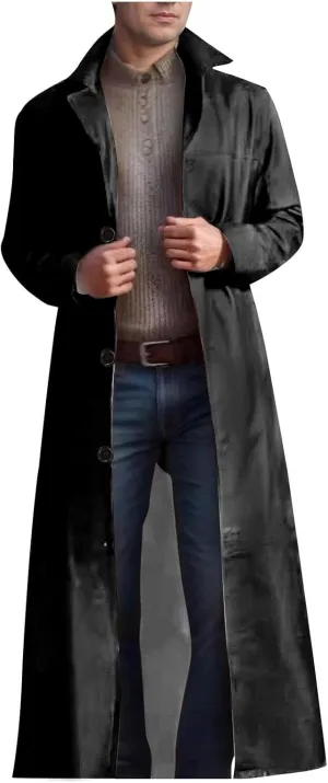 Men PU Leather Jacket Slim Fit Long Faux Leather Coats Winter Windproof Trench Coat Fashion Button Jacket Outerwear