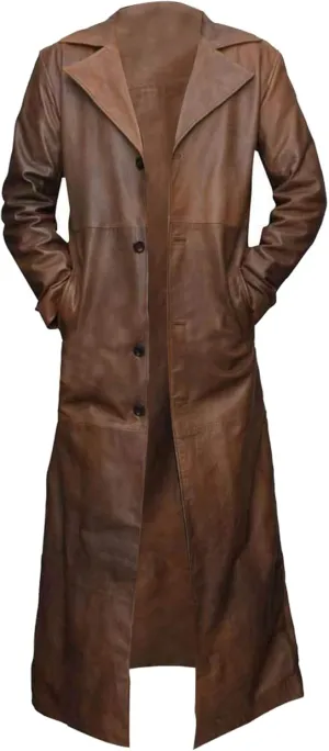 Mens Black Leather Trench Coat - Double Breasted German Classic Officer WW2 Military Uniform Jacket
