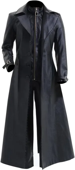 Mens Black Leather Trench Coat - Double Breasted German Classic Officer WW2 Military Uniform Jacket