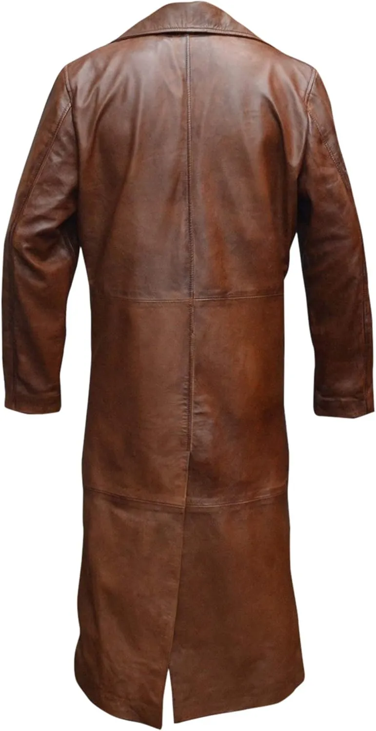 Mens Black Leather Trench Coat - Double Breasted German Classic Officer WW2 Military Uniform Jacket