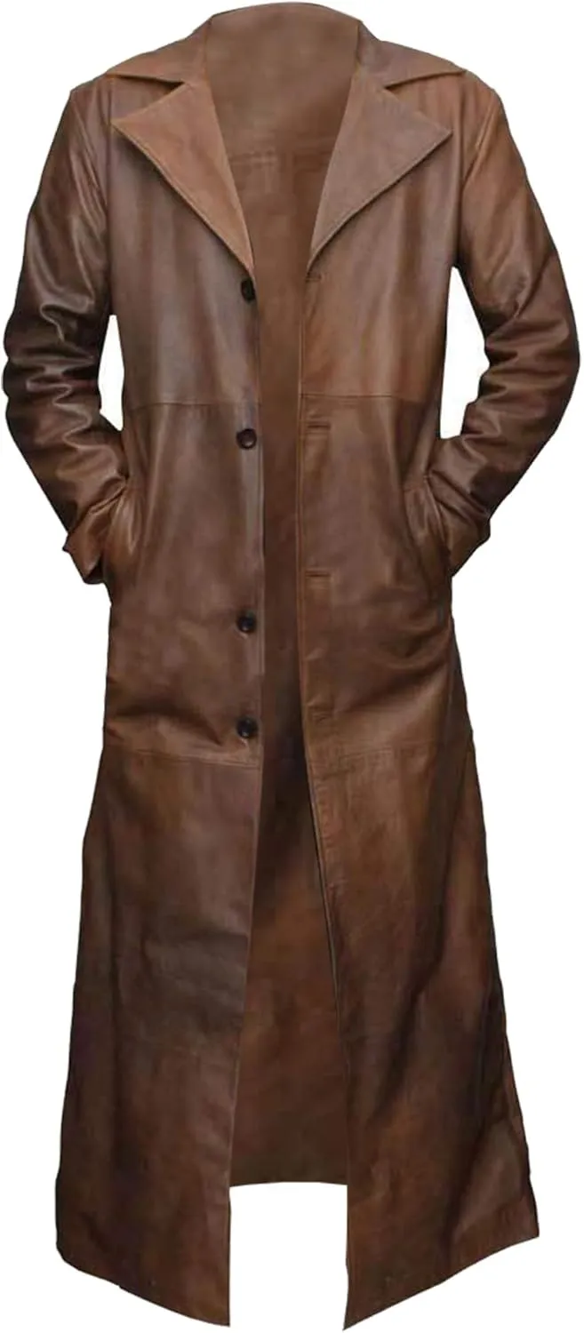 Mens Black Leather Trench Coat - Double Breasted German Classic Officer WW2 Military Uniform Jacket