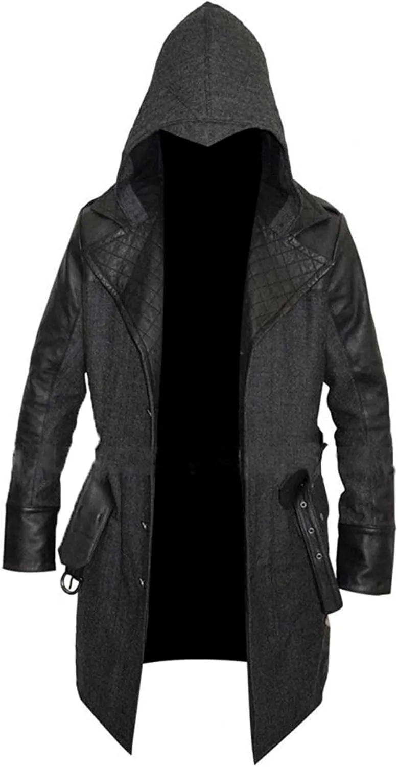 Mens Black Wool Costume Hooded Cosplay Trench Faux Leather Coat