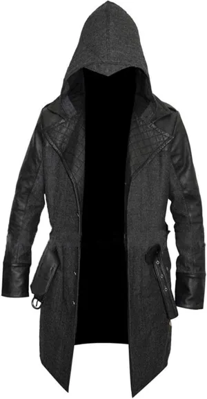 Mens Black Wool Costume Hooded Cosplay Trench Faux Leather Coat