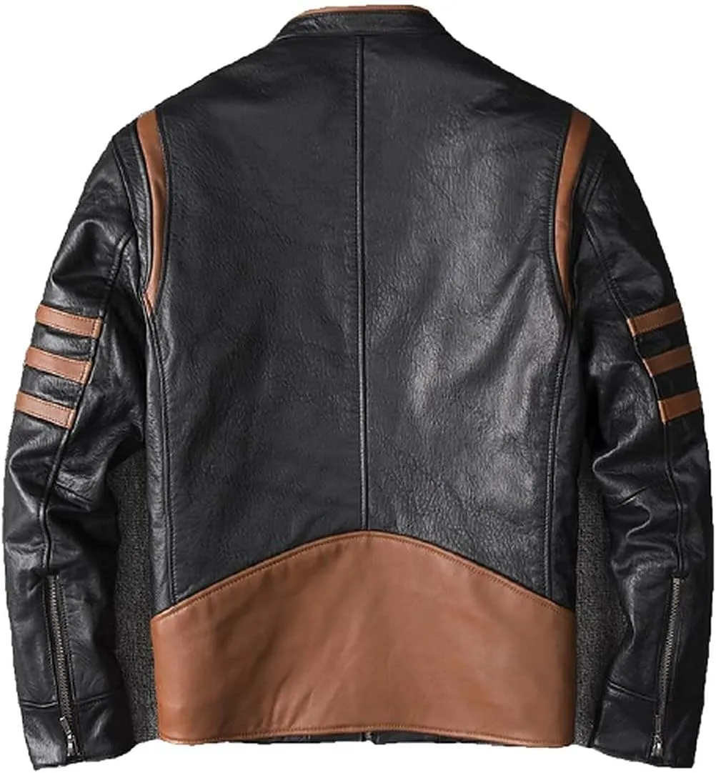 Men’s Brown Striped Leather Biker Jacket – Wolverine-Inspired Classic Motorcycle Jacket
