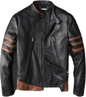 Men’s Brown Striped Leather Biker Jacket – Wolverine-Inspired Classic Motorcycle Jacket