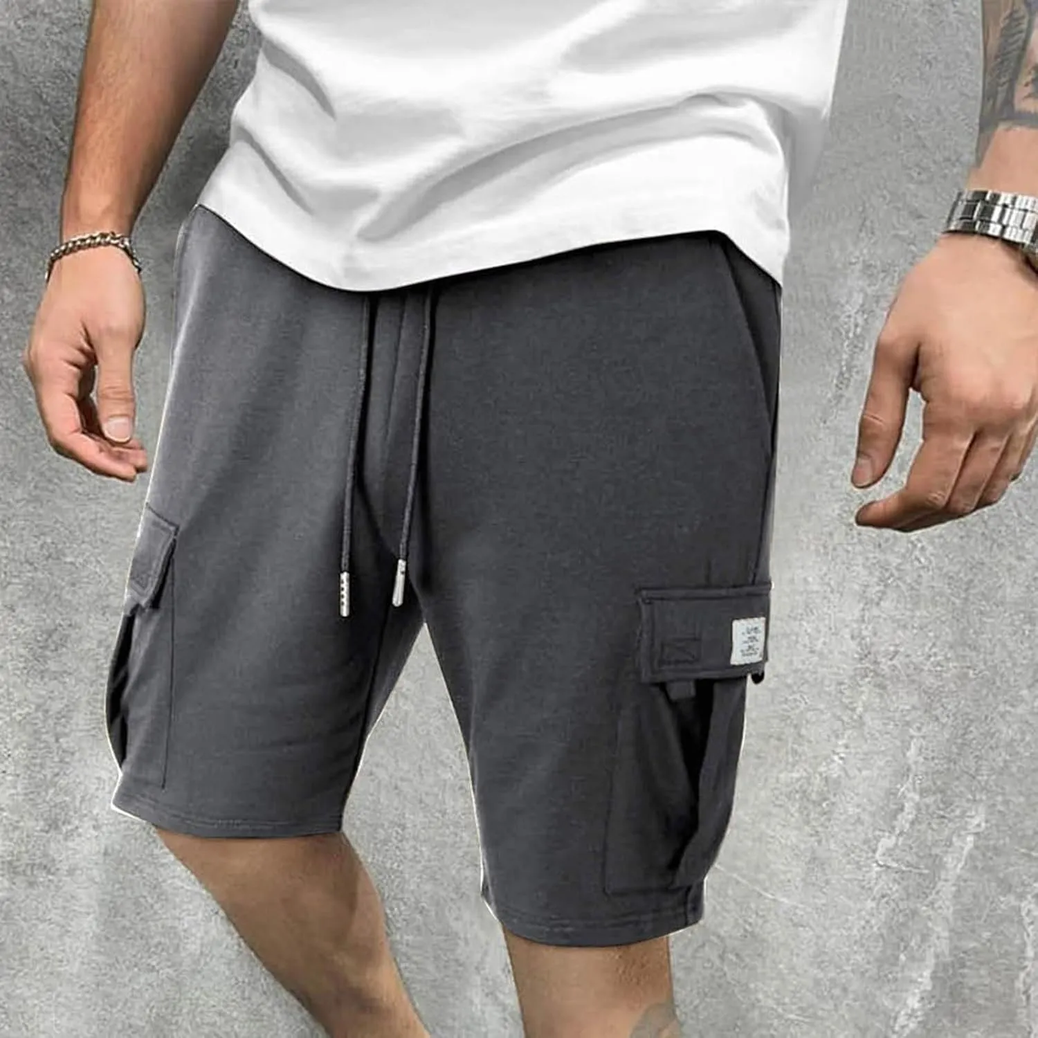 Mens Cargo Shorts Elastic Waist Knee Length Bermuda Sweat Shorts Lightweight Comfy Casual Summer Clothes with Pockets