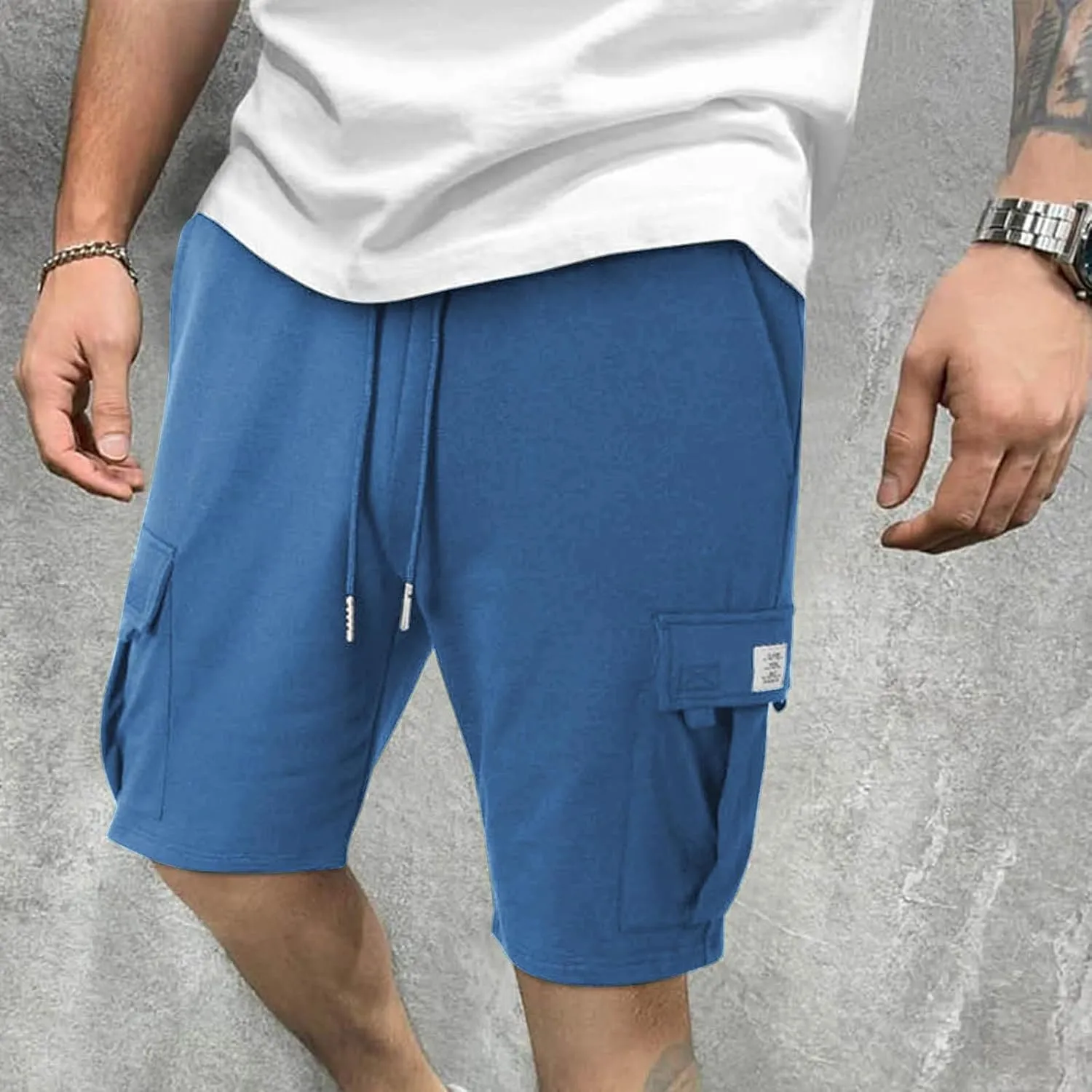 Mens Cargo Shorts Elastic Waist Knee Length Bermuda Sweat Shorts Lightweight Comfy Casual Summer Clothes with Pockets