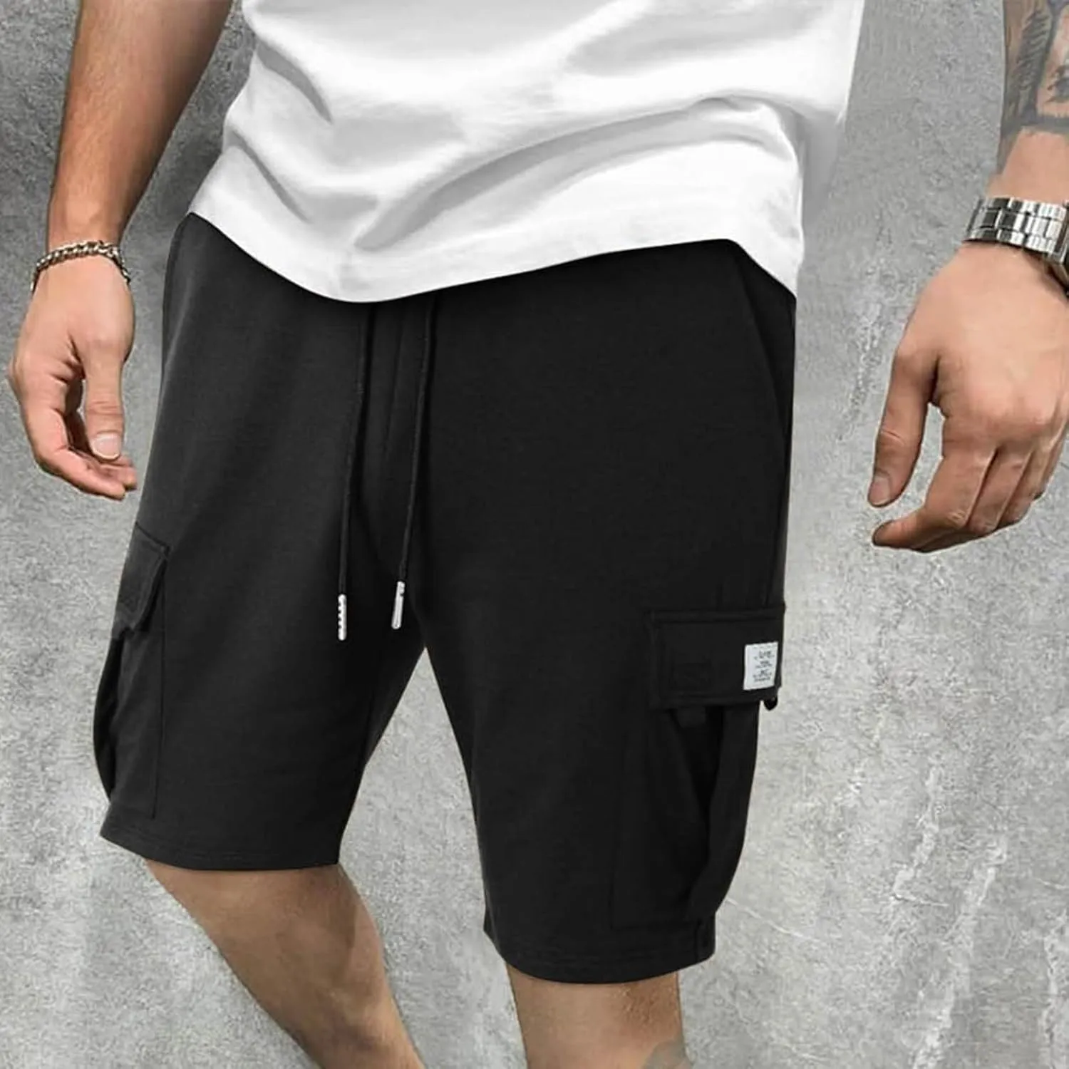 Mens Cargo Shorts Elastic Waist Knee Length Bermuda Sweat Shorts Lightweight Comfy Casual Summer Clothes with Pockets