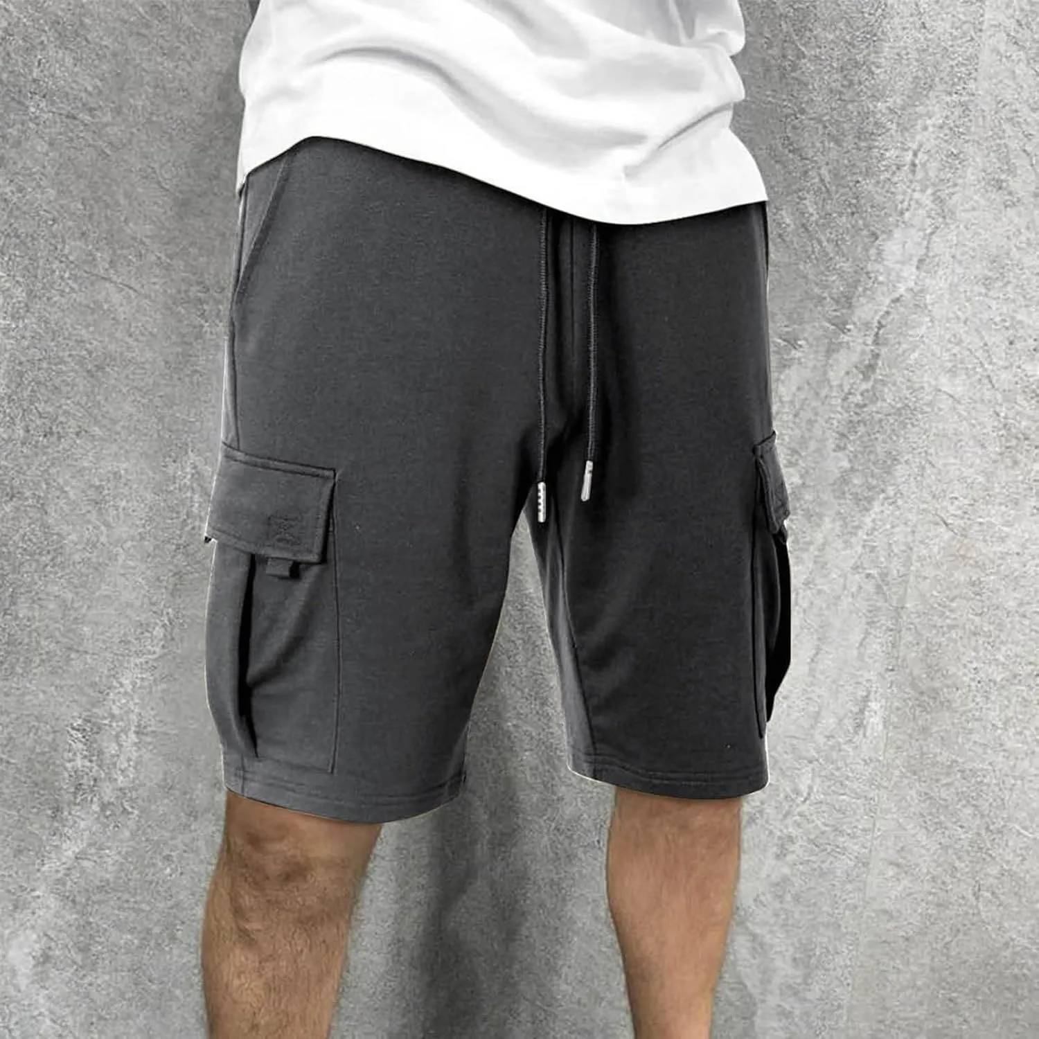 Mens Cargo Shorts Elastic Waist Knee Length Bermuda Sweat Shorts Lightweight Comfy Casual Summer Clothes with Pockets