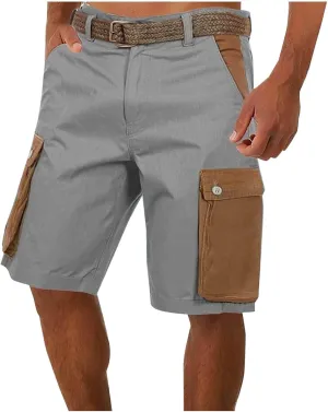 Mens Cargo Shorts Linen Drawstring Straight Casual Bottoms with Multiple Pockets Fashion Patchwork Beach Shorts
