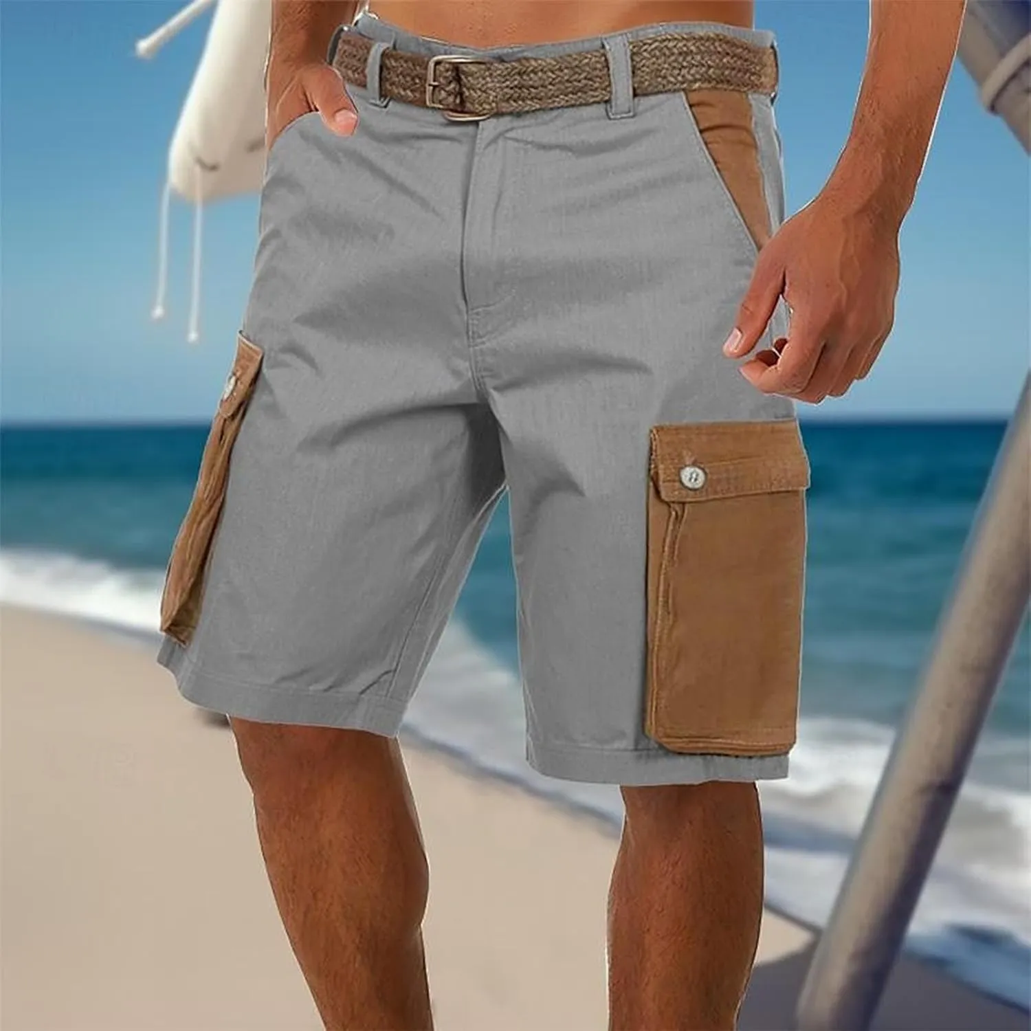 Mens Cargo Shorts Linen Drawstring Straight Casual Bottoms with Multiple Pockets Fashion Patchwork Beach Shorts