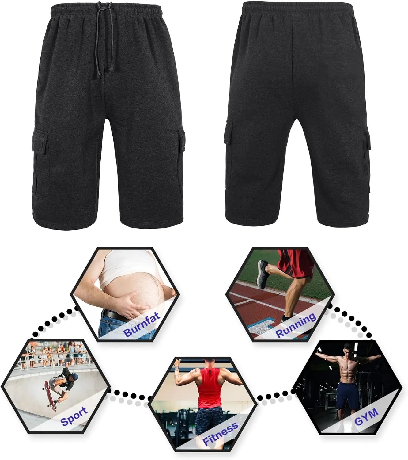 Men's Cargo Sweat Shorts Elastic Waist Drawstring Below The Knee Wokout Jogger Shorts with Multi Pockets