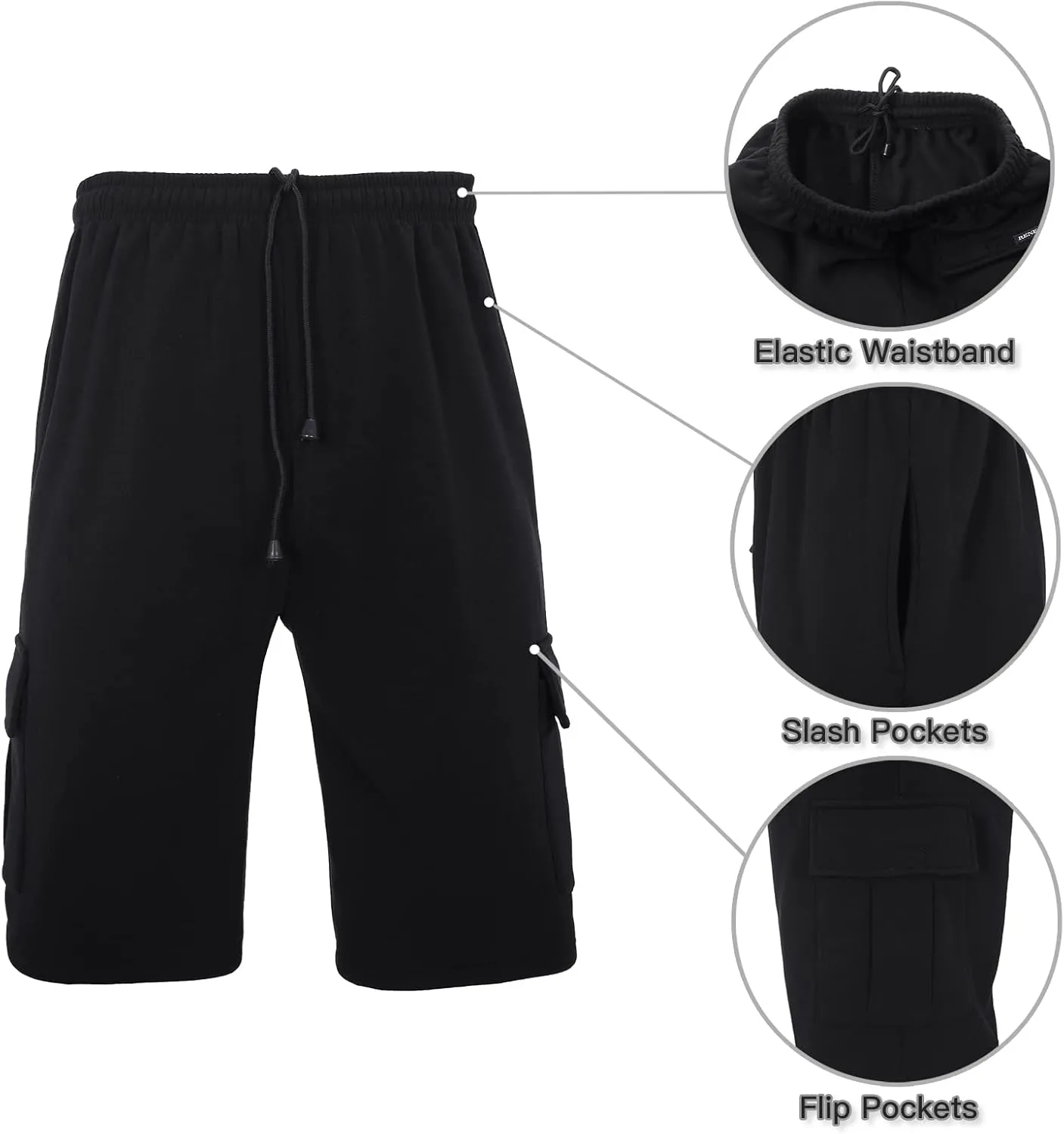 Men's Cargo Sweat Shorts Elastic Waist Drawstring Below The Knee Wokout Jogger Shorts with Multi Pockets