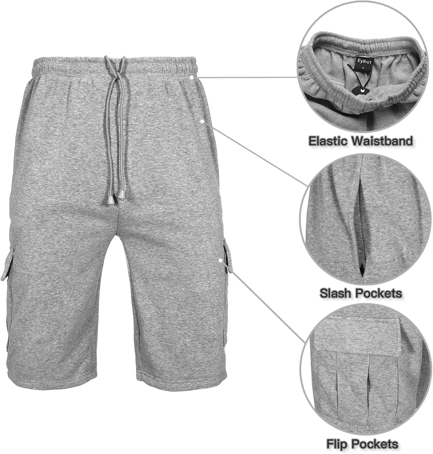 Men's Cargo Sweat Shorts Elastic Waist Drawstring Below The Knee Wokout Jogger Shorts with Multi Pockets