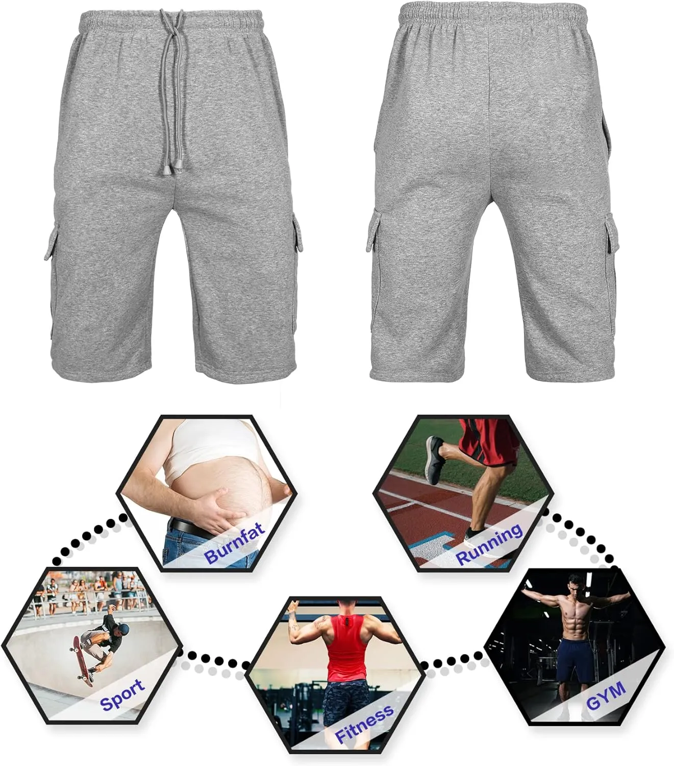 Men's Cargo Sweat Shorts Elastic Waist Drawstring Below The Knee Wokout Jogger Shorts with Multi Pockets