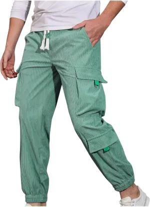 Mens Casual Cargo Pants Stylish Drawstring Athletic Joggers Pant Casual Elastic Waist Plain Cinch Bottom Sweatpants