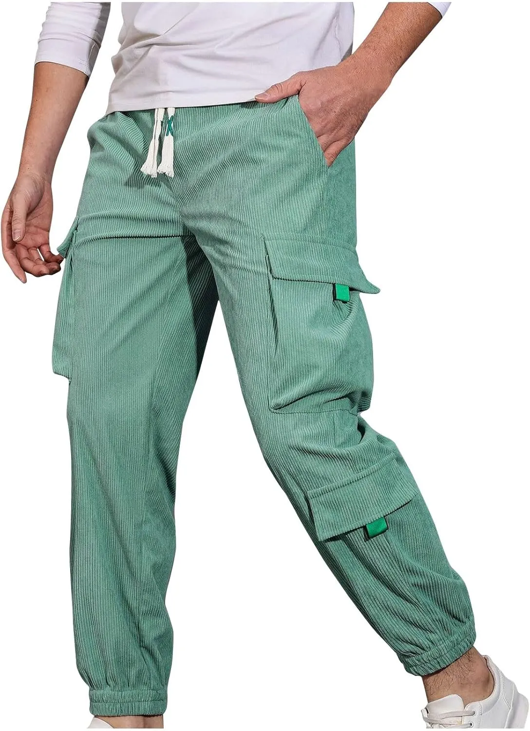 Mens Casual Cargo Pants Stylish Drawstring Athletic Joggers Pant Casual Elastic Waist Plain Cinch Bottom Sweatpants