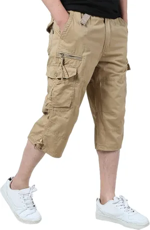 Men's Casual Cargo Shorts 16" Inseam Below Knee Multi Pocket Trendy 3/4 Capri Long Shorts Twill Relaxed Fit Pants