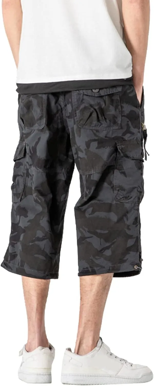 Men's Casual Cargo Shorts 16" Inseam Below Knee Multi Pocket Trendy 3/4 Capri Long Shorts Twill Relaxed Fit Pants