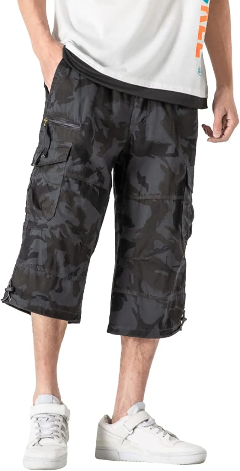 Men's Casual Cargo Shorts 16" Inseam Below Knee Multi Pocket Trendy 3/4 Capri Long Shorts Twill Relaxed Fit Pants