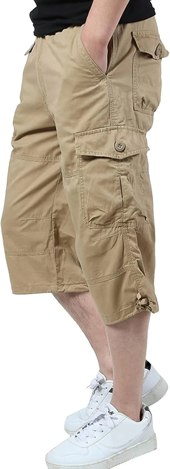 Men's Casual Cargo Shorts 16" Inseam Below Knee Multi Pocket Trendy 3/4 Capri Long Shorts Twill Relaxed Fit Pants
