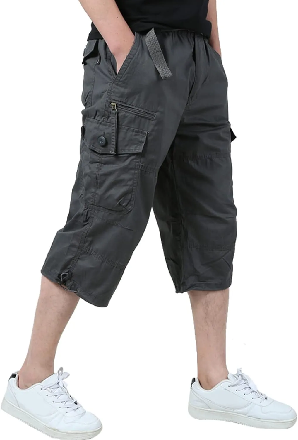 Men's Casual Cargo Shorts 16" Inseam Below Knee Multi Pocket Trendy 3/4 Capri Long Shorts Twill Relaxed Fit Pants