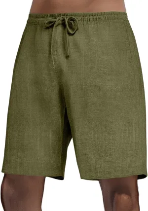 Mens Casual Cotton Linen Shorts - Elastic Waist Drawstring Summer Beach Shorts with Pockets, Light Weight Workout Pants