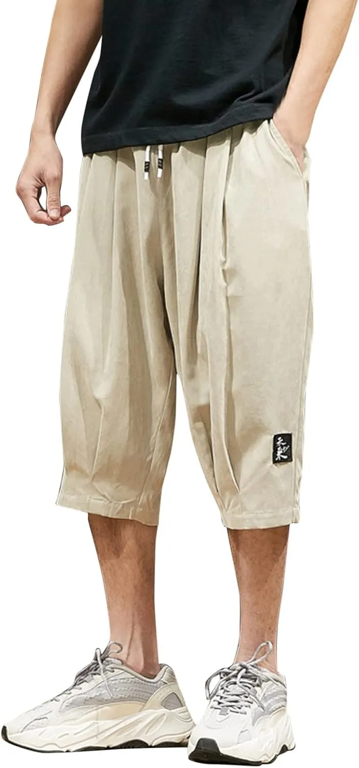 Men's Casual Shorts 3/4 Jogger Capri Pants Breathable Elastic Waist Below Knee Short Pants with Pockets Yoga Harem Pants