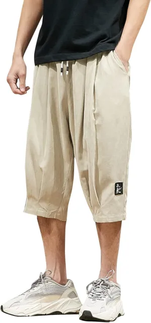 Men's Casual Shorts 3/4 Jogger Capri Pants Breathable Elastic Waist Below Knee Short Pants with Pockets Yoga Harem Pants