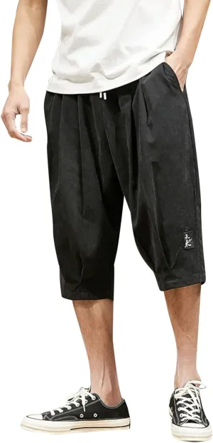 Men's Casual Shorts 3/4 Jogger Capri Pants Breathable Elastic Waist Below Knee Short Pants with Pockets Yoga Harem Pants