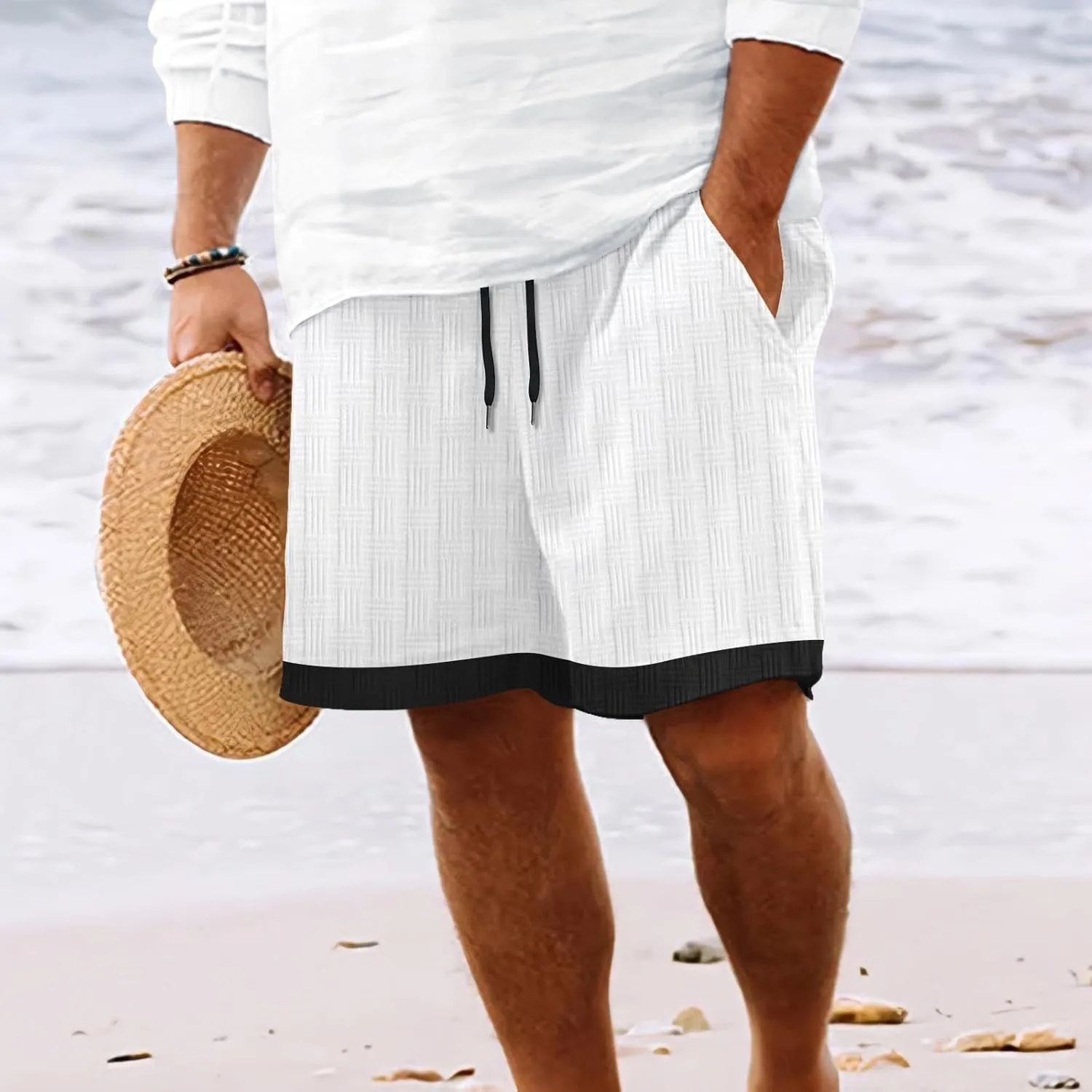 Men's Casual Shorts Jacquard Elastic Waist Drawstring Casual Pants Loose Fit Breathable Running Beach Shorts with Pocket