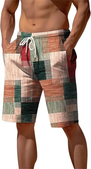 Mens Color Block Printed Summer Linen Pants Drawstring Straight Leg Casual Beach Pant Elastic Waist Beach Yoga Hawaiian Pants