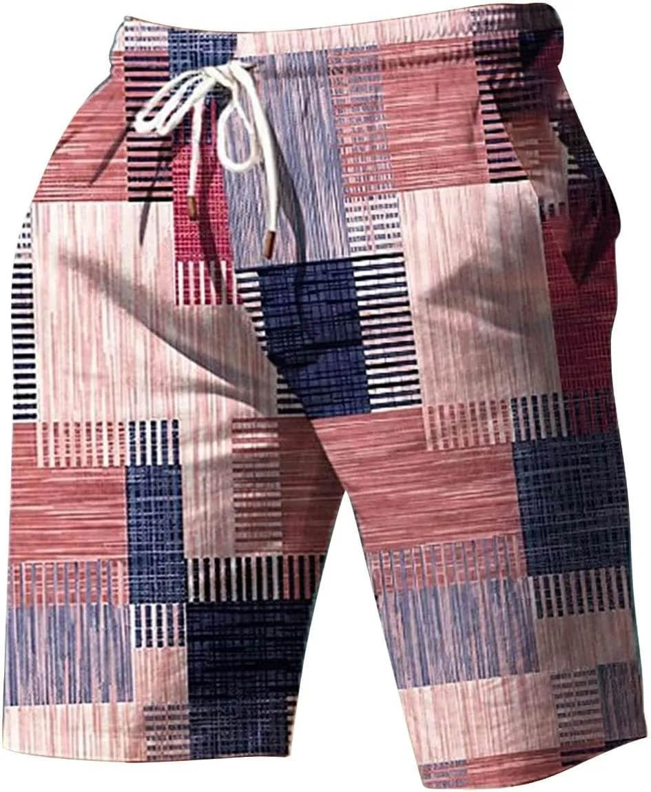Mens Color Block Printed Summer Linen Pants Drawstring Straight Leg Casual Beach Pant Elastic Waist Beach Yoga Hawaiian Pants