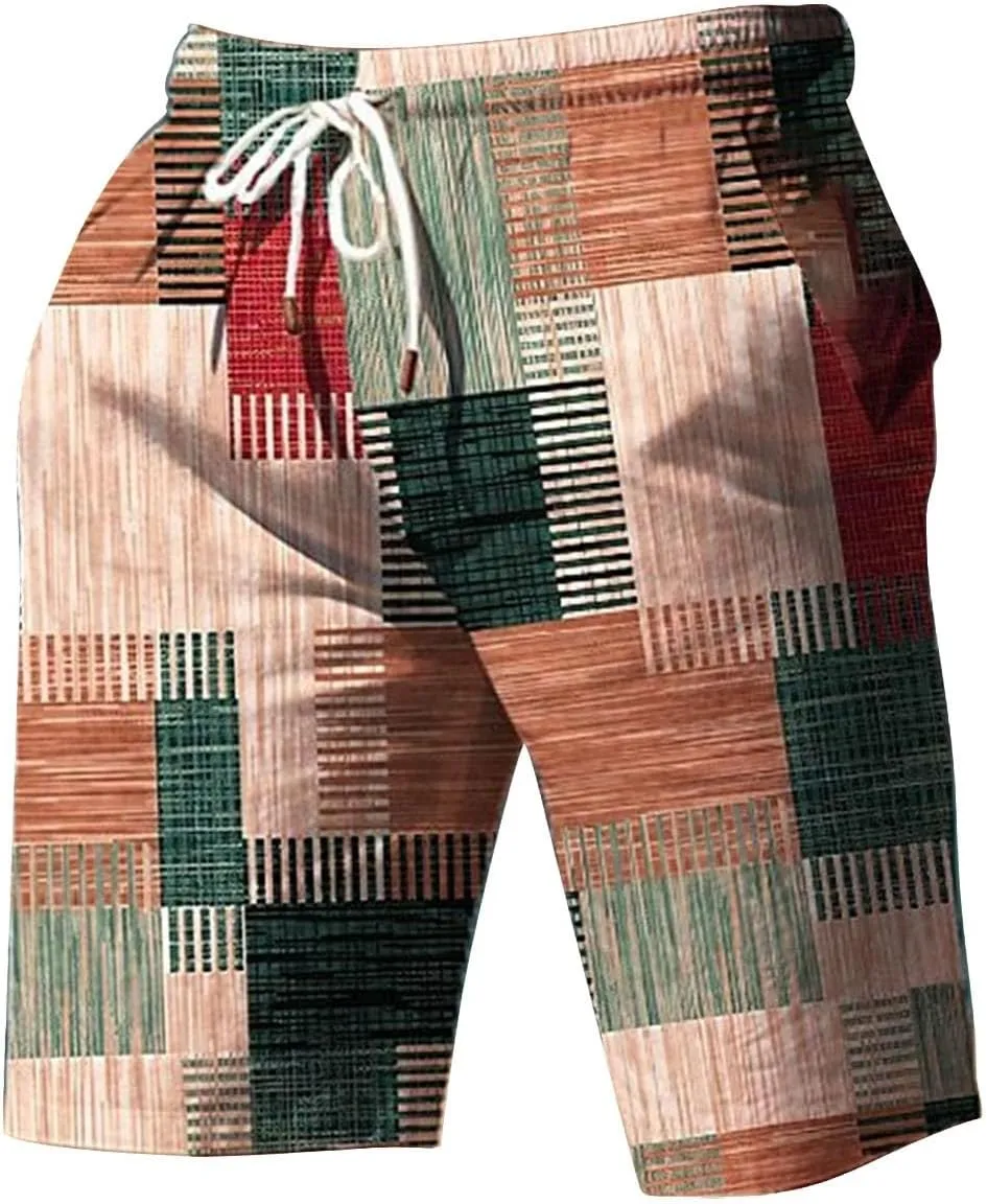 Mens Color Block Printed Summer Linen Pants Drawstring Straight Leg Casual Beach Pant Elastic Waist Beach Yoga Hawaiian Pants