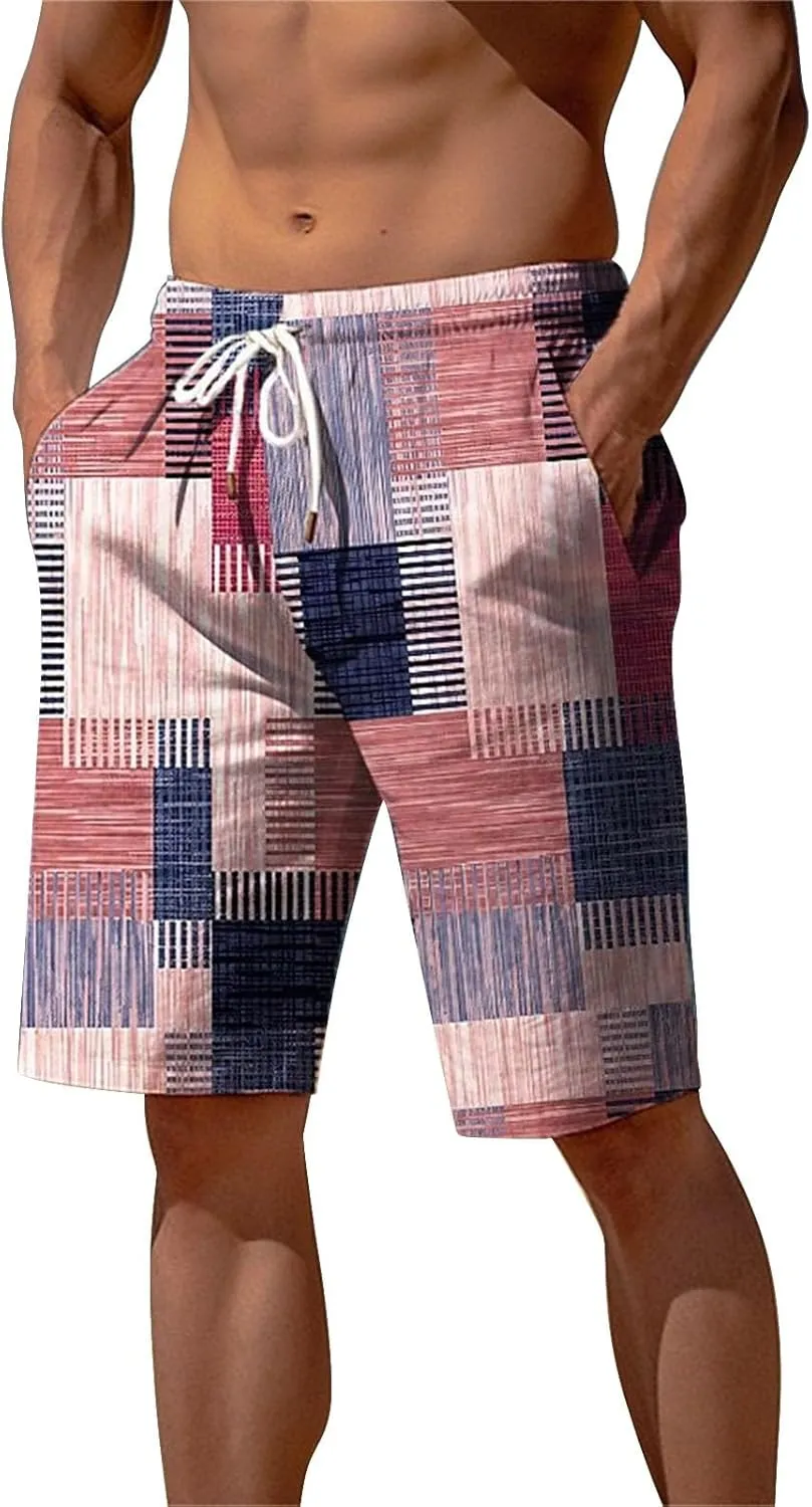 Mens Color Block Printed Summer Linen Pants Drawstring Straight Leg Casual Beach Pant Elastic Waist Beach Yoga Hawaiian Pants