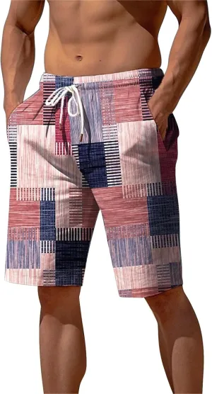 Mens Color Block Printed Summer Linen Pants Drawstring Straight Leg Casual Beach Pant Elastic Waist Beach Yoga Hawaiian Pants