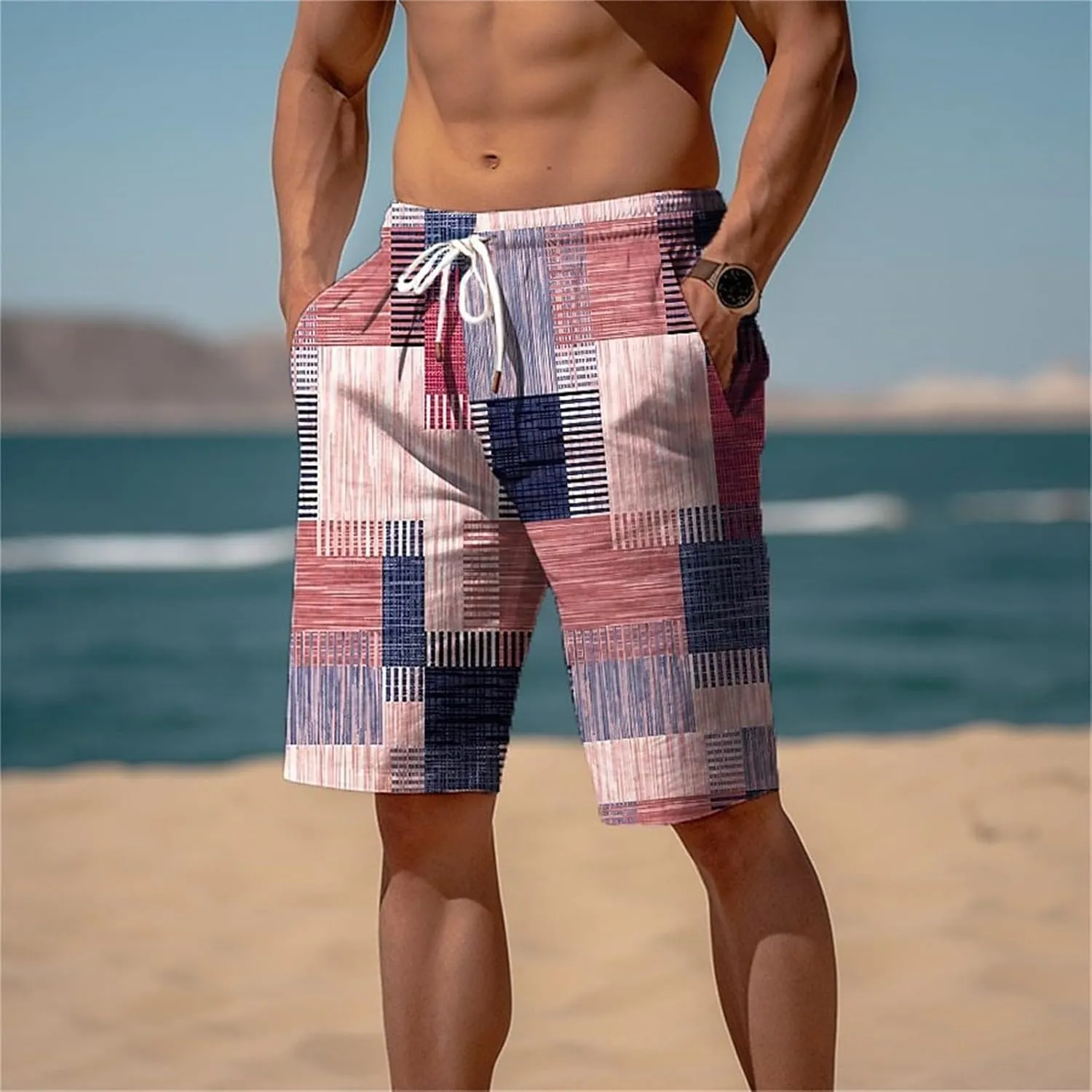 Mens Color Block Printed Summer Linen Pants Drawstring Straight Leg Casual Beach Pant Elastic Waist Beach Yoga Hawaiian Pants