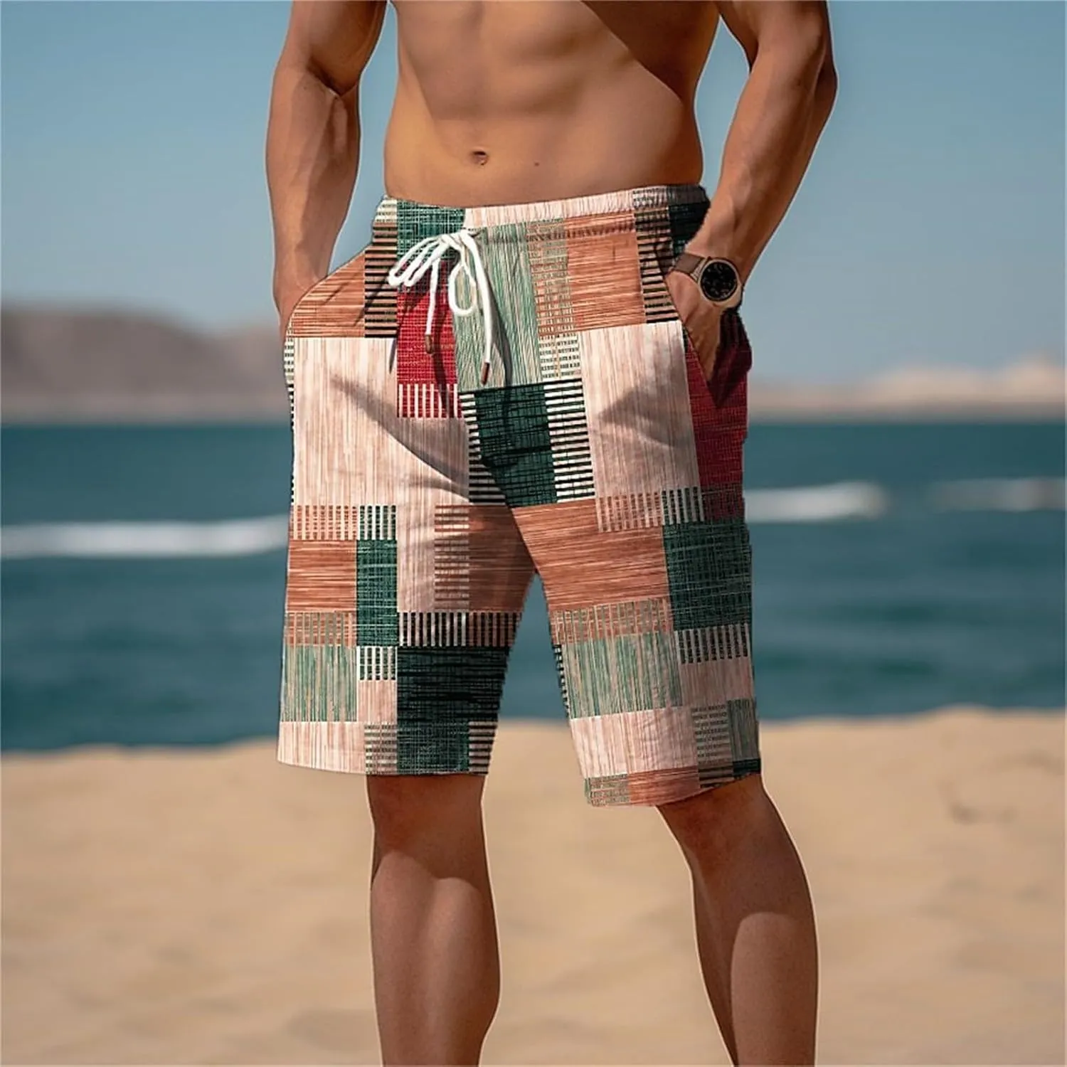 Mens Color Block Printed Summer Linen Pants Drawstring Straight Leg Casual Beach Pant Elastic Waist Beach Yoga Hawaiian Pants