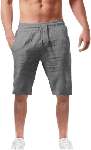 Mens Cotton Linen Shorts Elastic Waist Drawstring Summer Pant Baggy Cool Lightweight Outing Lounge Shorts with Pocket