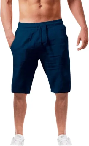 Mens Cotton Linen Shorts Elastic Waist Drawstring Summer Pant Baggy Cool Lightweight Outing Lounge Shorts with Pocket