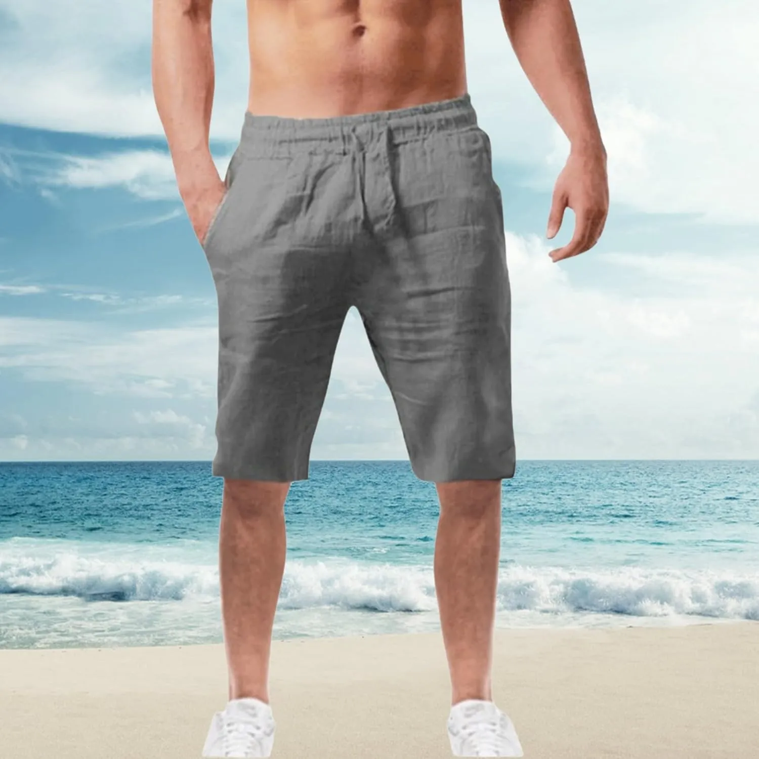 Mens Cotton Linen Shorts Elastic Waist Drawstring Summer Pant Baggy Cool Lightweight Outing Lounge Shorts with Pocket