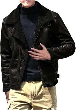 Men's Cropped Winter Sherpa Jacket Casual Suede Leather Windbreaker Trench Coat Thermal Fleece Lined Bomber Jacket