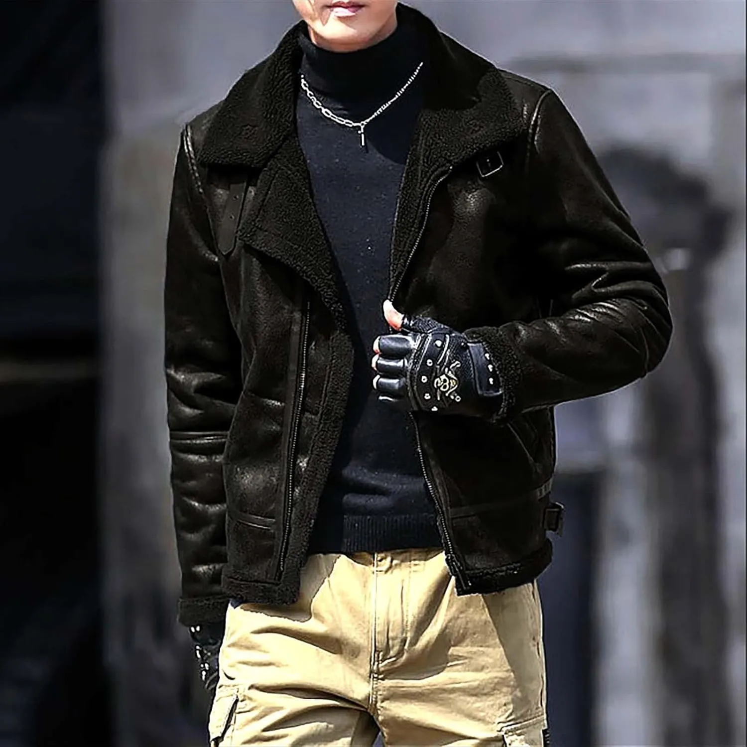 Men's Cropped Winter Sherpa Jacket Casual Suede Leather Windbreaker Trench Coat Thermal Fleece Lined Bomber Jacket