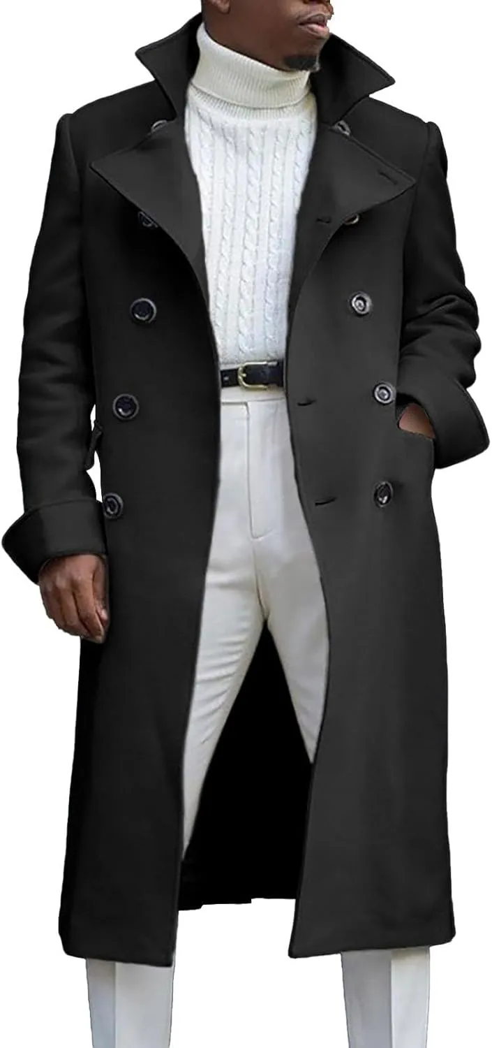 Mens Double Breasted Trench Coat Full Length Classic Black Faux Leather Long Coat Soft Scarf Single Breasted Pea Coat