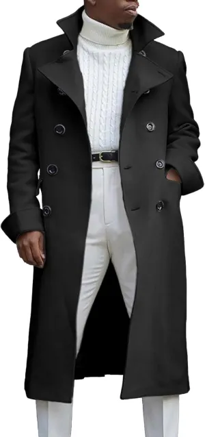 Mens Double Breasted Trench Coat Full Length Classic Black Faux Leather Long Coat Soft Scarf Single Breasted Pea Coat