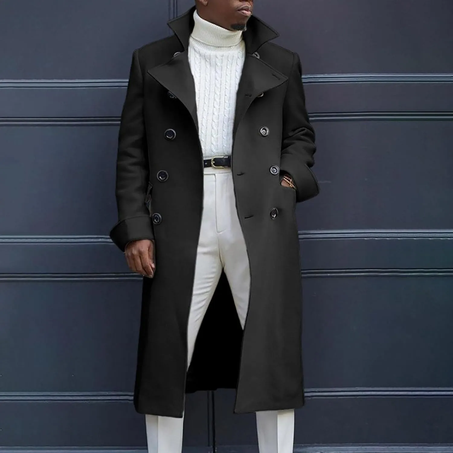 Mens Double Breasted Trench Coat Full Length Classic Black Faux Leather Long Coat Soft Scarf Single Breasted Pea Coat