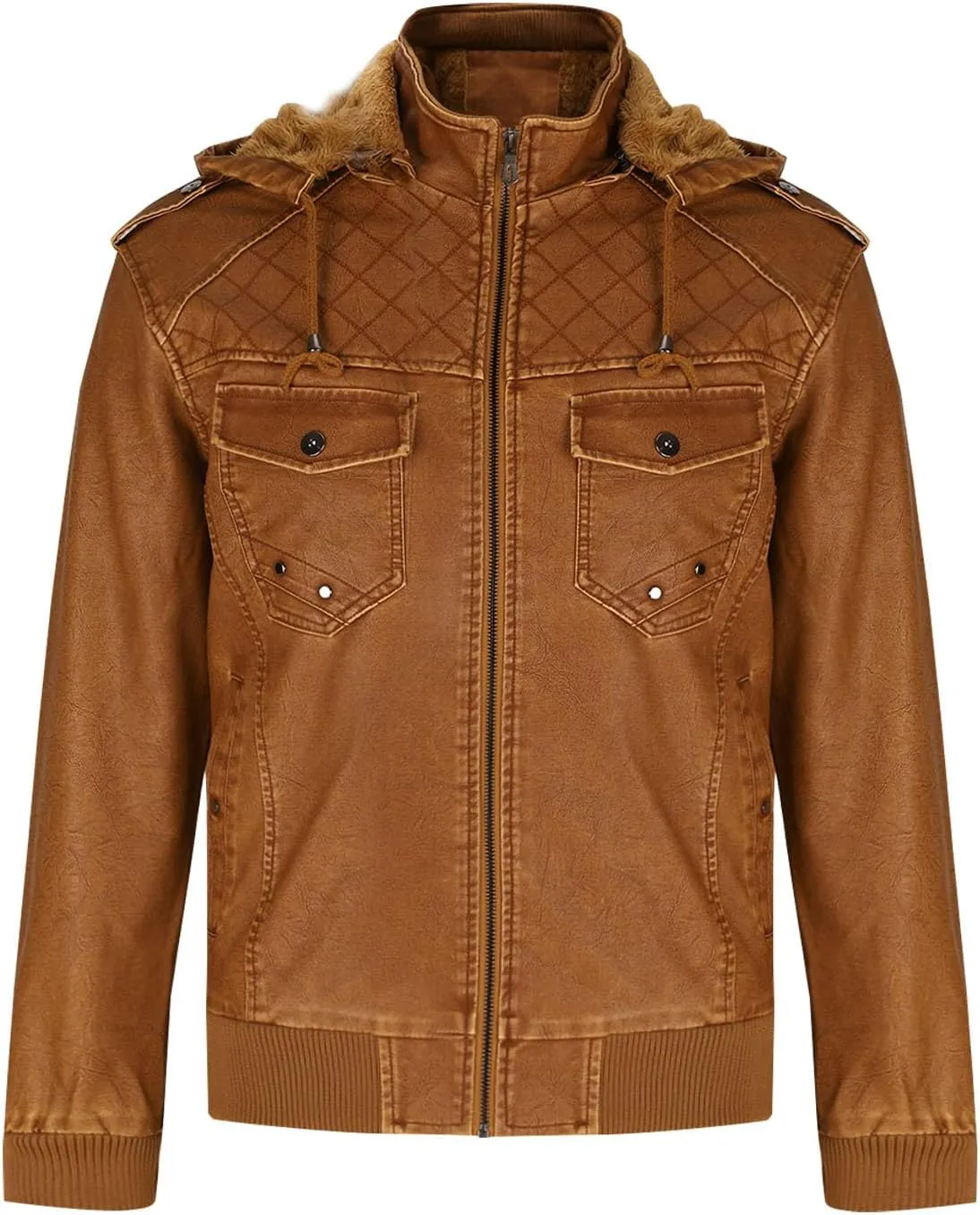 Men's Faux Leather Hooded Jacket Winter Fleece Lined Moto Vintage Bomber Hoodie Motorcycle Jacket Windproof Outerwear