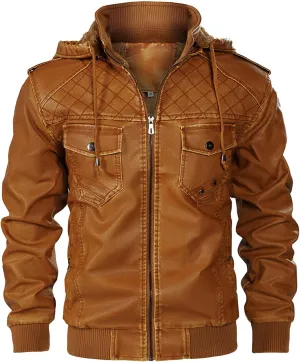 Men's Faux Leather Hooded Jacket Winter Fleece Lined Moto Vintage Bomber Hoodie Motorcycle Jacket Windproof Outerwear