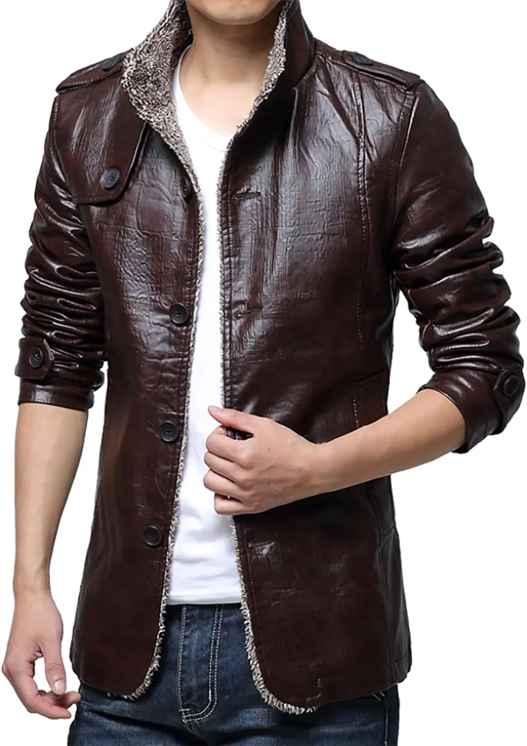 Mens Faux Leather Jacket, Fleece Lined Sherpa Fall Winter Warmer Windbreaker, Motorcycle Biker Bomber Coat Outwear