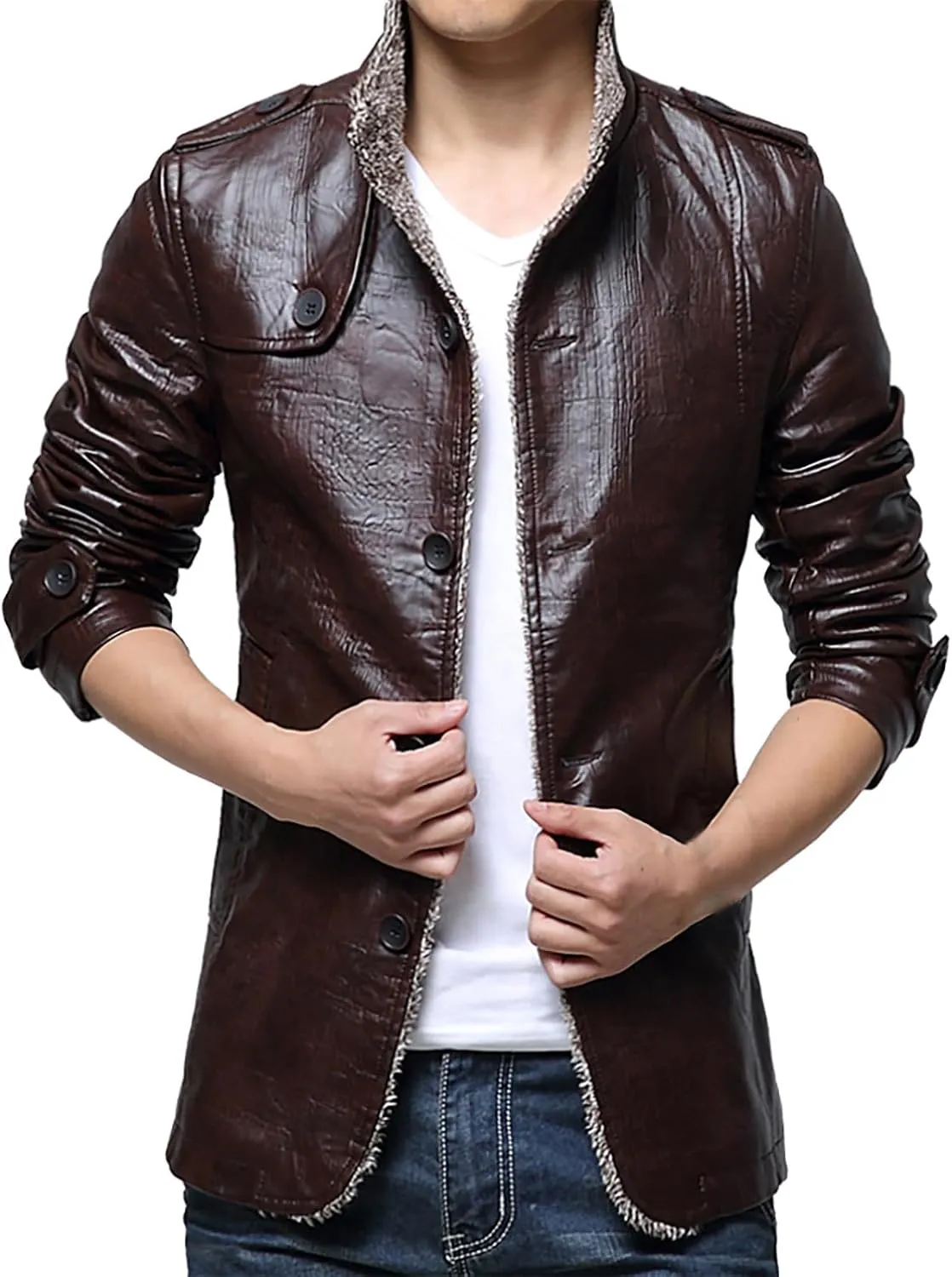 Mens Faux Leather Jacket, Fleece Lined Sherpa Fall Winter Warmer Windbreaker, Motorcycle Biker Bomber Coat Outwear